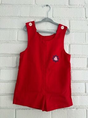 Vintage Boys Red Nautical Sailboat ⛵️ Shortall Jon Jon Overalls